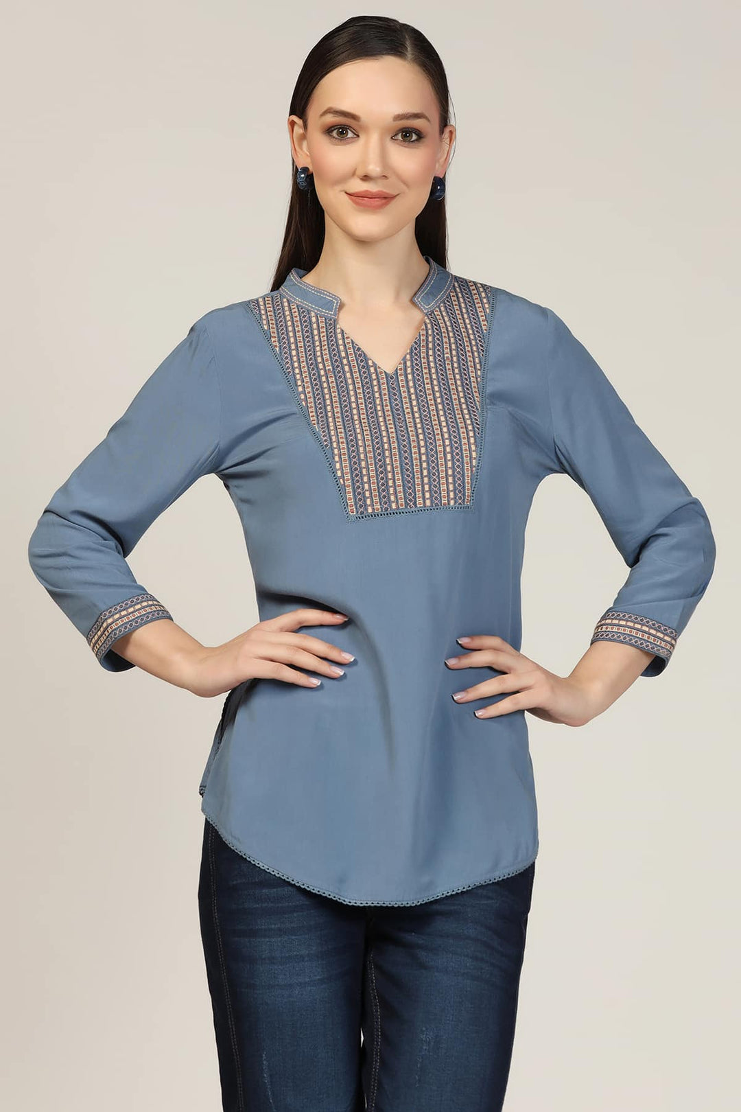Blue Embroidered Calci Crepe Top
