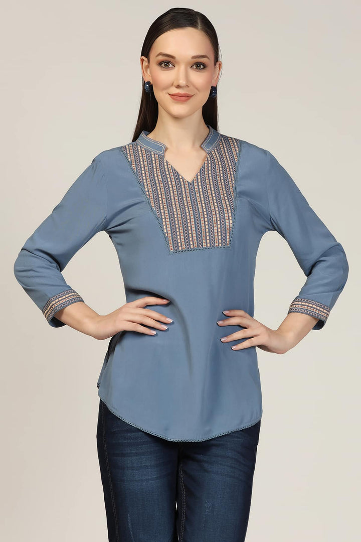 Blue Embroidered Calci Crepe Top