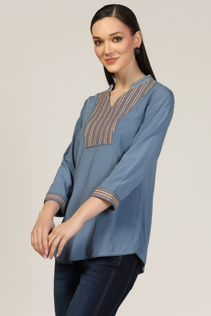 Blue Embroidered Calci Crepe Top