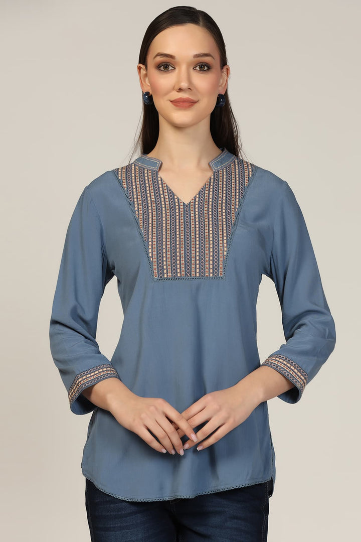 Blue Embroidered Calci Crepe Top