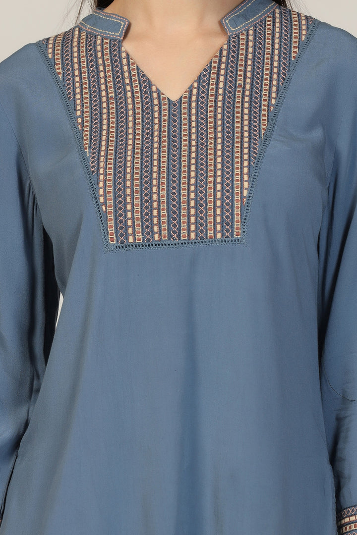 Blue Embroidered Calci Crepe Top