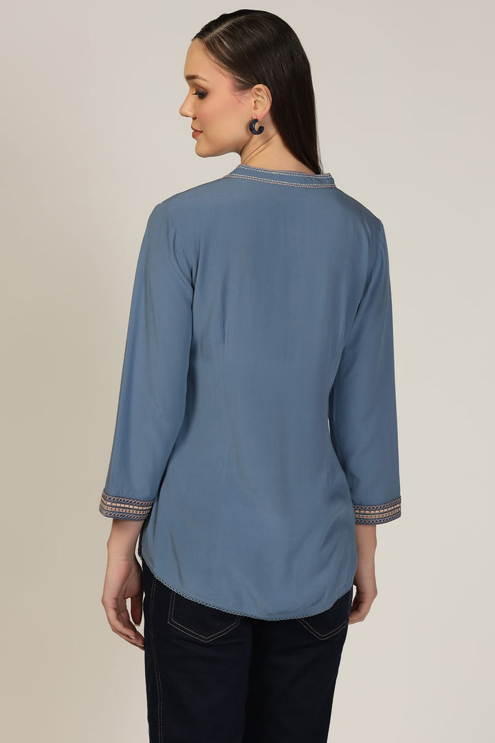 Blue Embroidered Calci Crepe Top