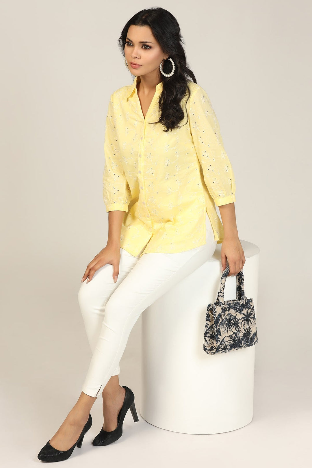Yellow Schiffli Embroidered Collared Shirt