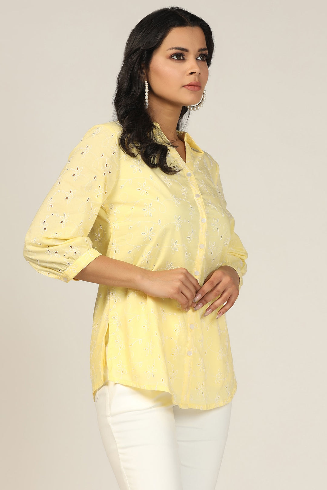 Yellow Schiffli Embroidered Collared Shirt