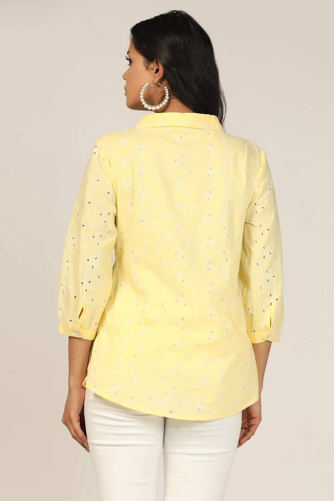 Yellow Schiffli Embroidered Collared Shirt