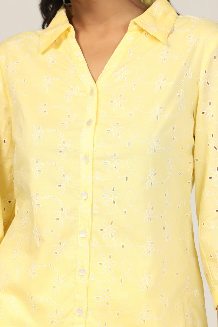 Yellow Schiffli Embroidered Collared Shirt
