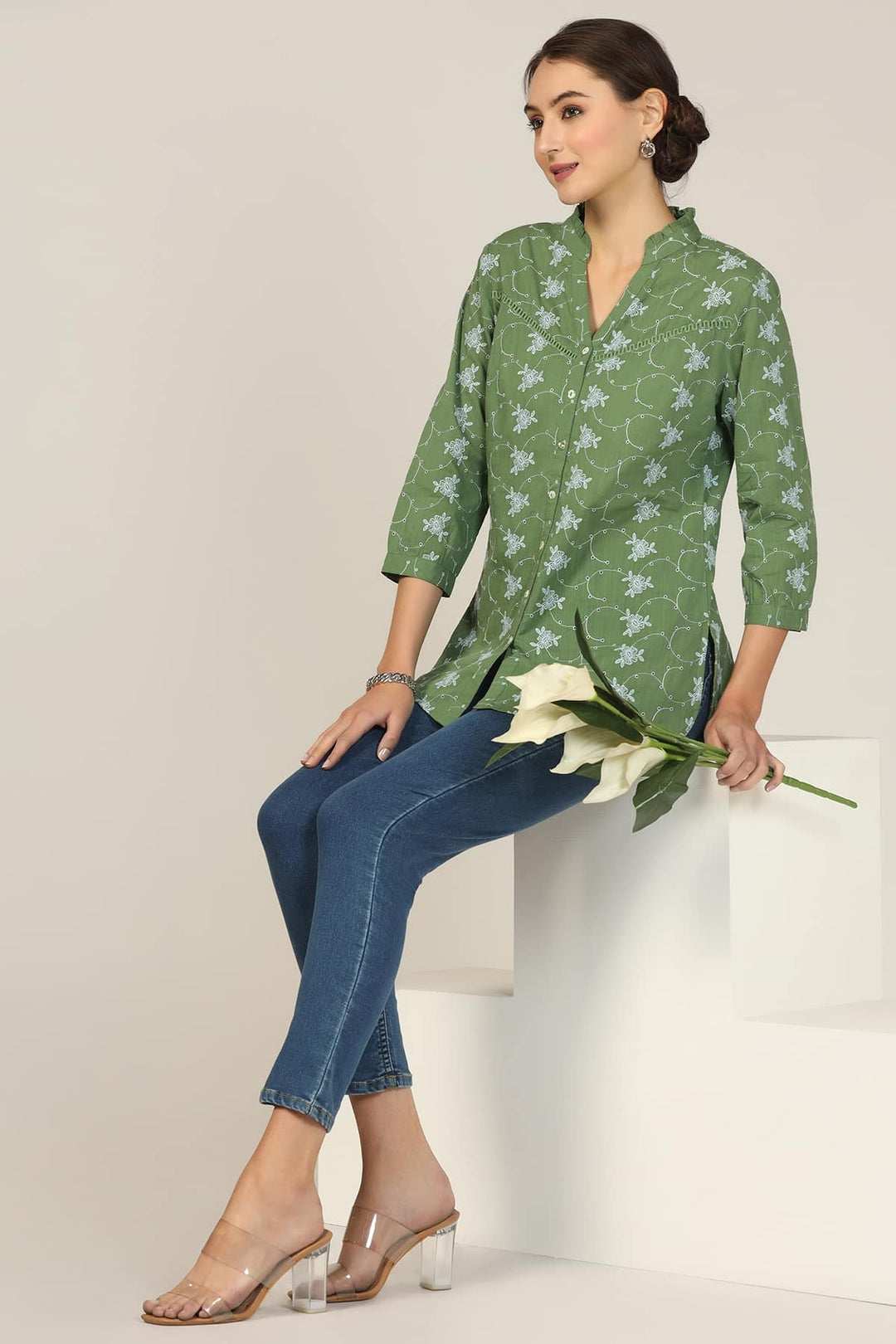 Sea Green Cotton Schiffli Printed Shirt