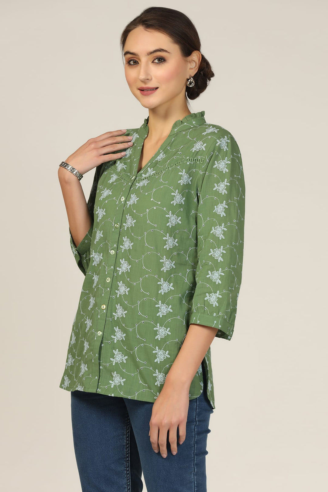 Sea Green Cotton Schiffli Printed Shirt