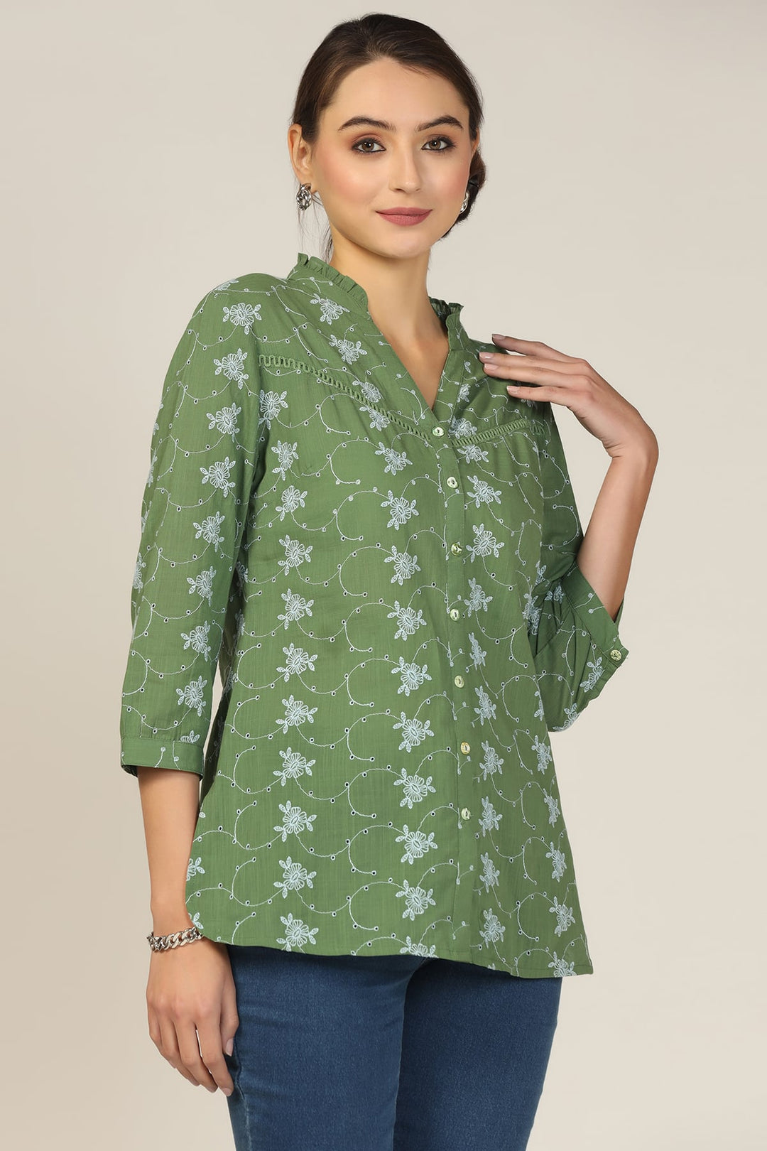 Sea Green Cotton Schiffli Printed Shirt