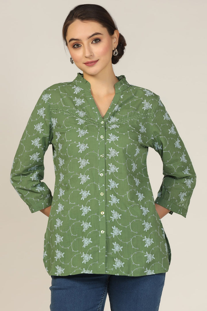 Sea Green Cotton Schiffli Printed Shirt
