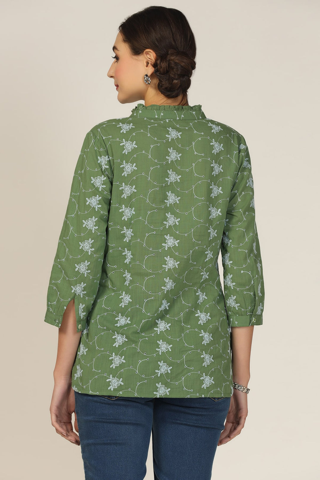 Sea Green Cotton Schiffli Printed Shirt