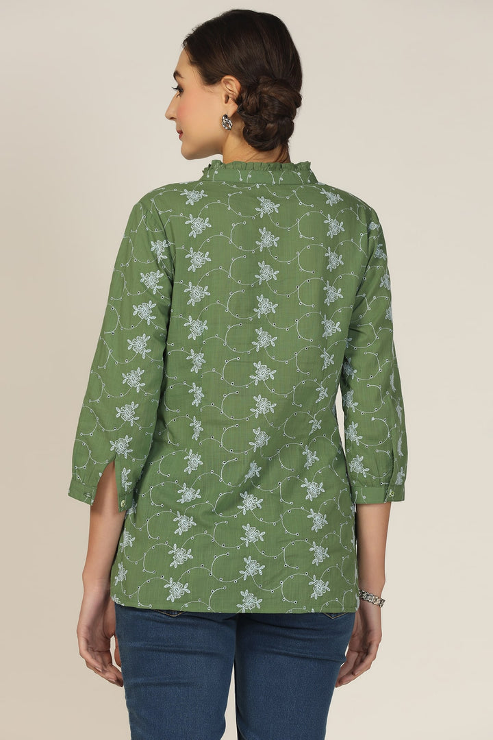 Sea Green Cotton Schiffli Printed Shirt