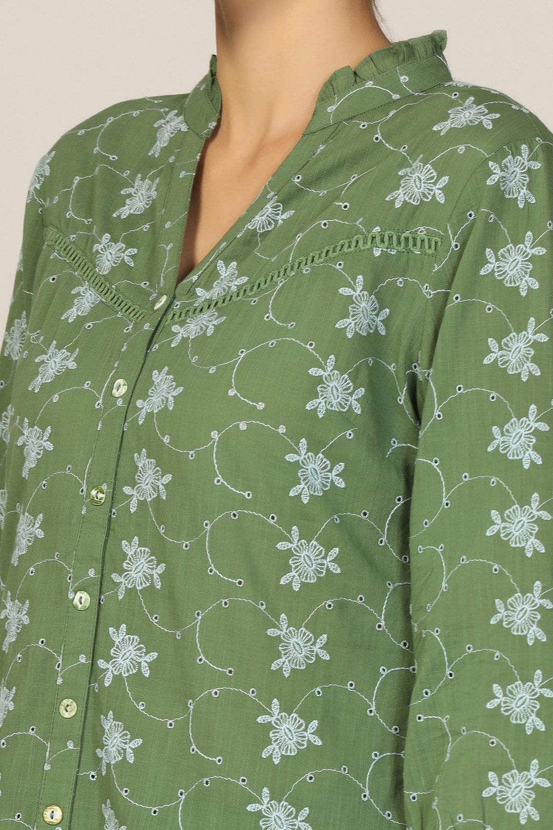 Sea Green Cotton Schiffli Printed Shirt
