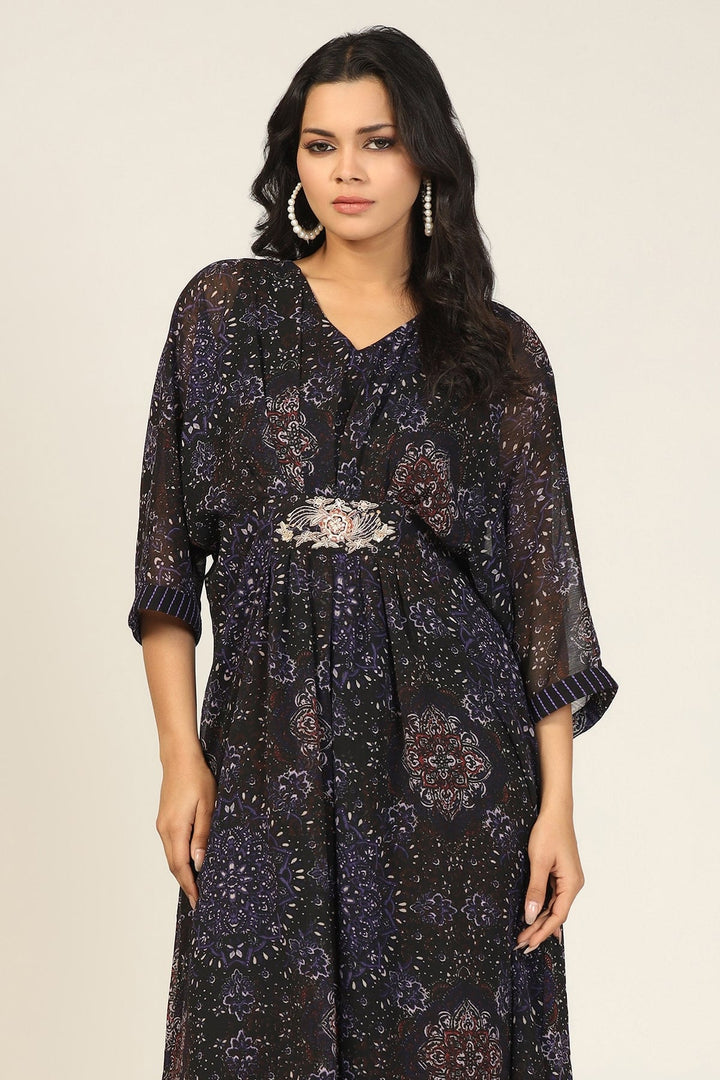 Charcoal Black Printed Chiffon Kaftan
