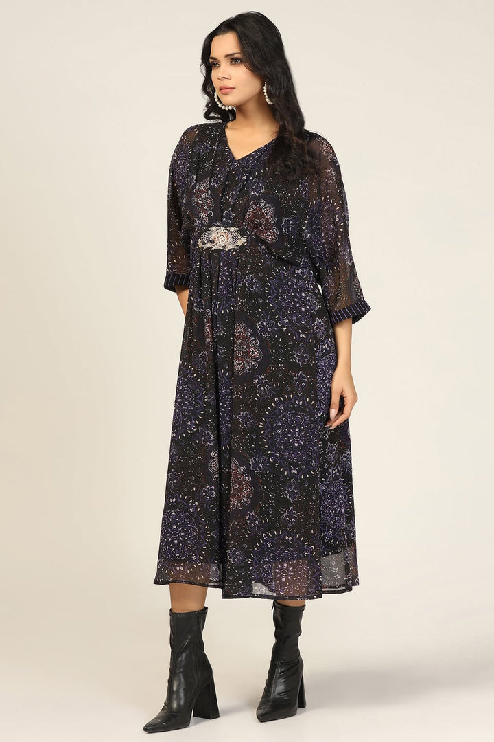 Charcoal Black Printed Chiffon Kaftan