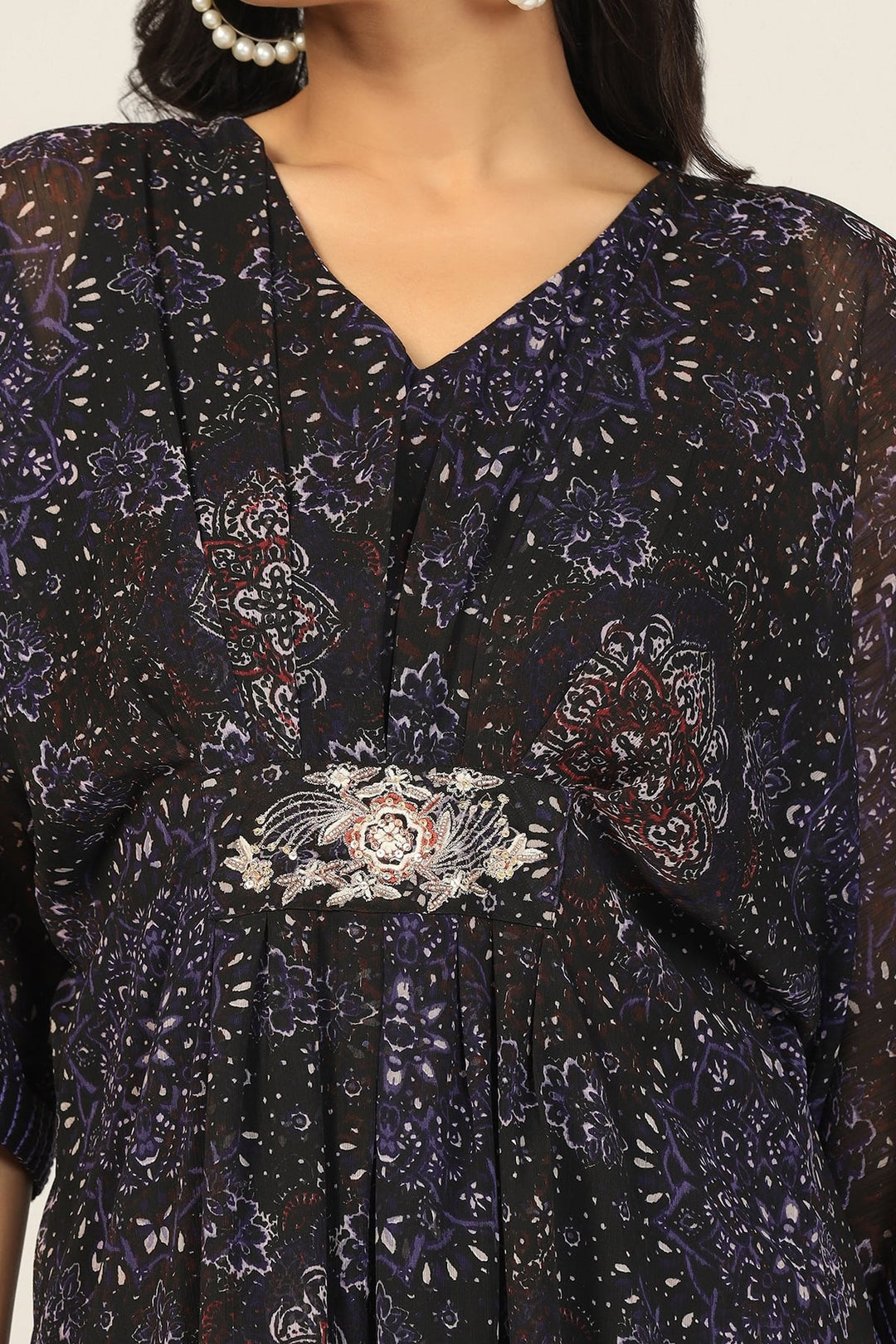 Charcoal Black Printed Chiffon Kaftan
