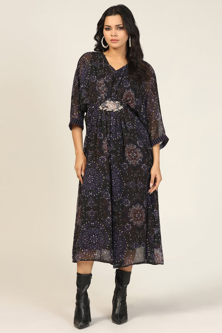 Charcoal Black Printed Chiffon Kaftan