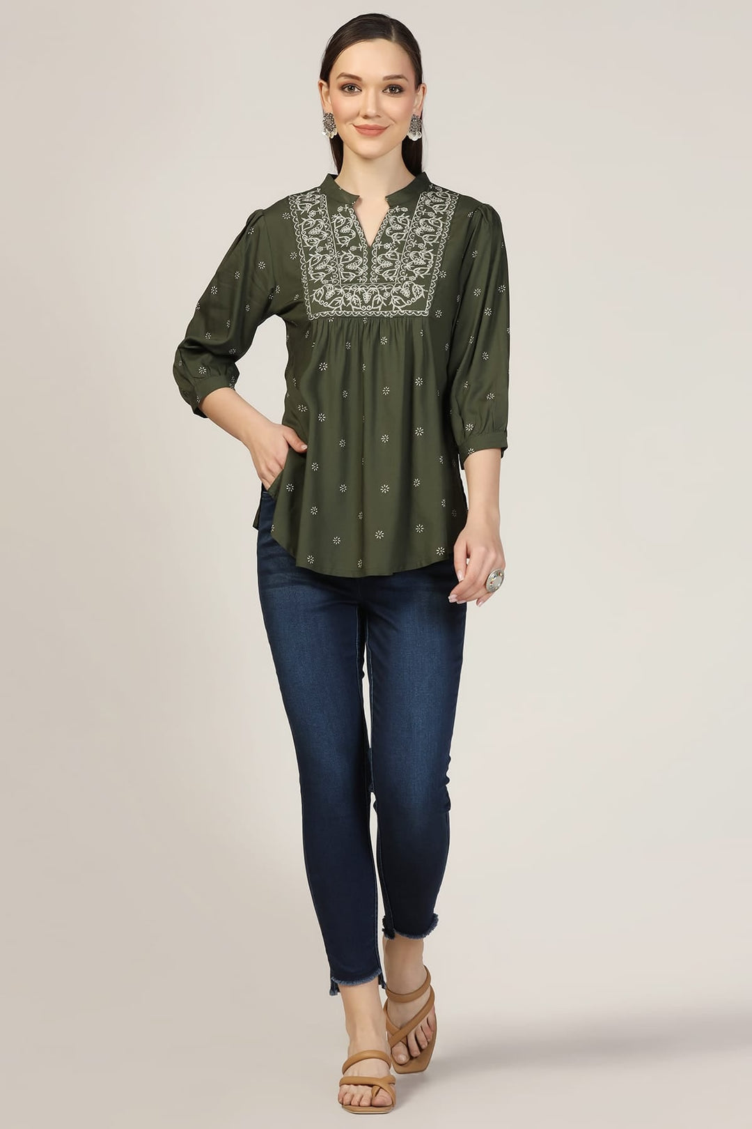 Olive Green Embroidered Rayon Mandarin Top
