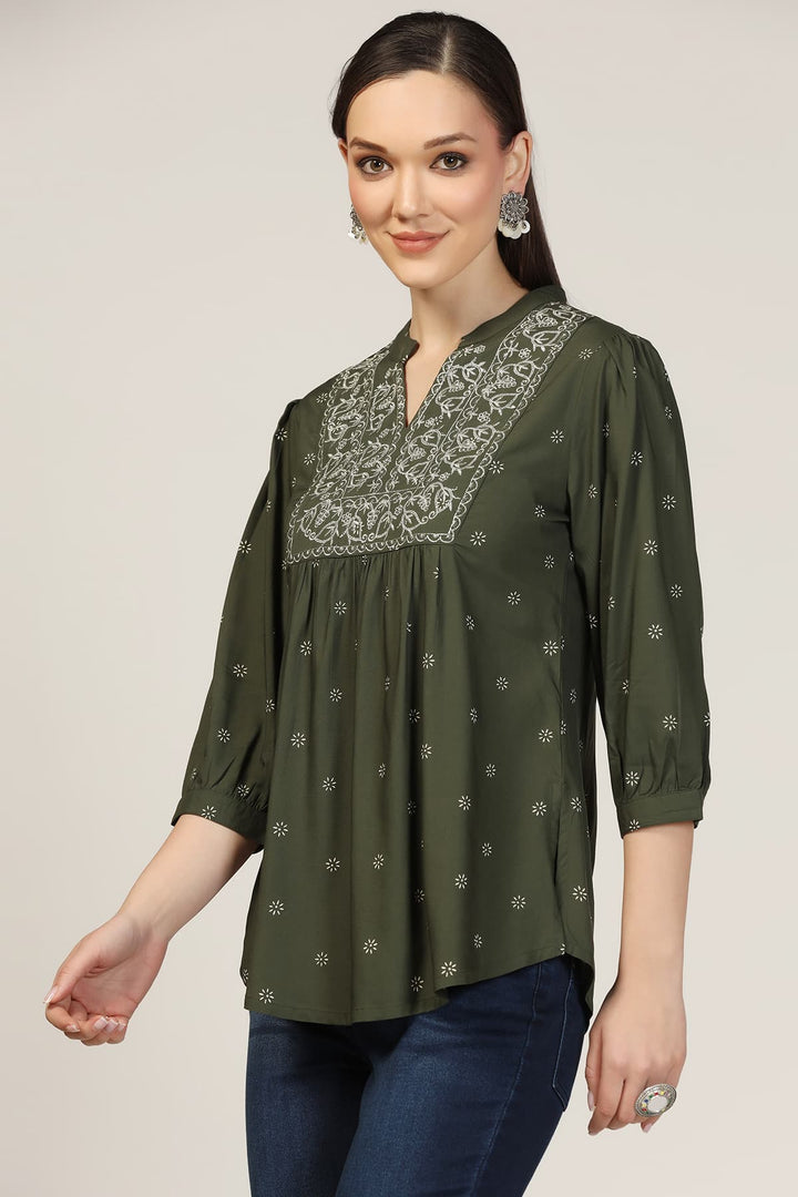Olive Green Embroidered Rayon Mandarin Top