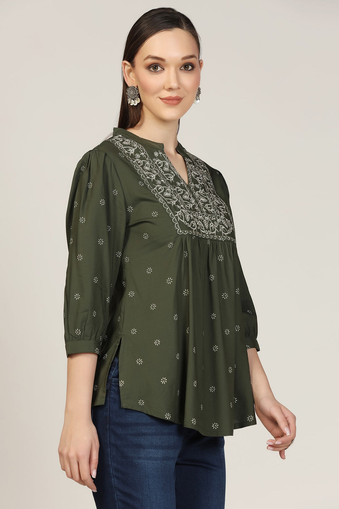 Olive Green Embroidered Rayon Mandarin Top
