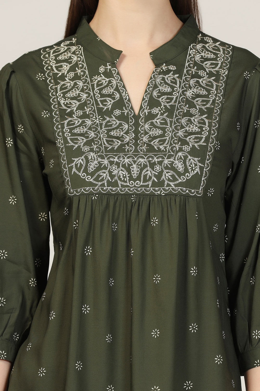 Olive Green Embroidered Rayon Mandarin Top