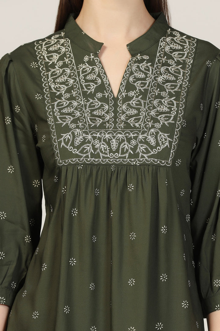 Olive Green Embroidered Rayon Mandarin Top
