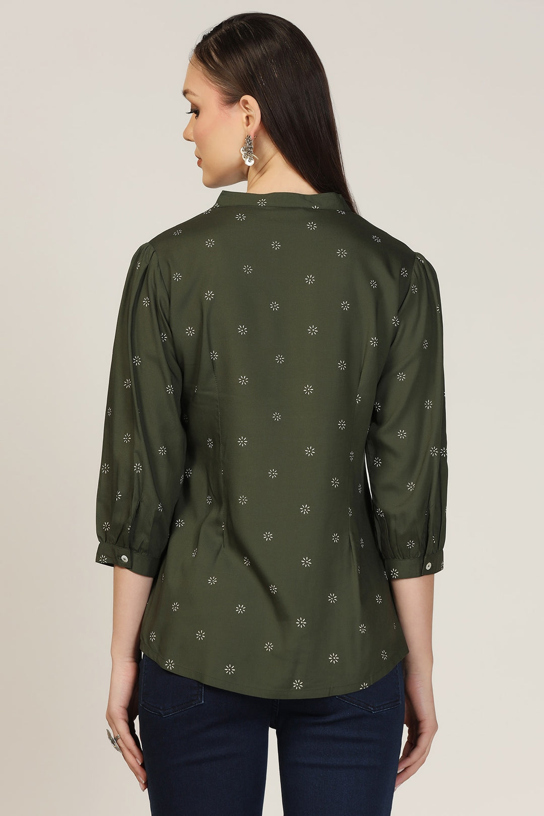 Olive Green Embroidered Rayon Mandarin Top