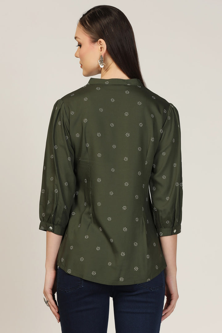 Olive Green Embroidered Rayon Mandarin Top