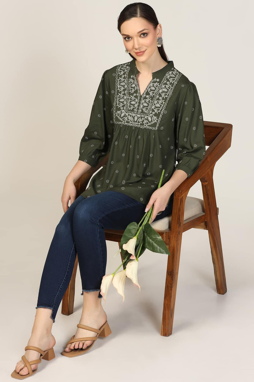 Olive Green Embroidered Rayon Mandarin Top