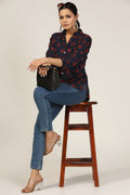 Navy Bubble Crepe Printed Shirt