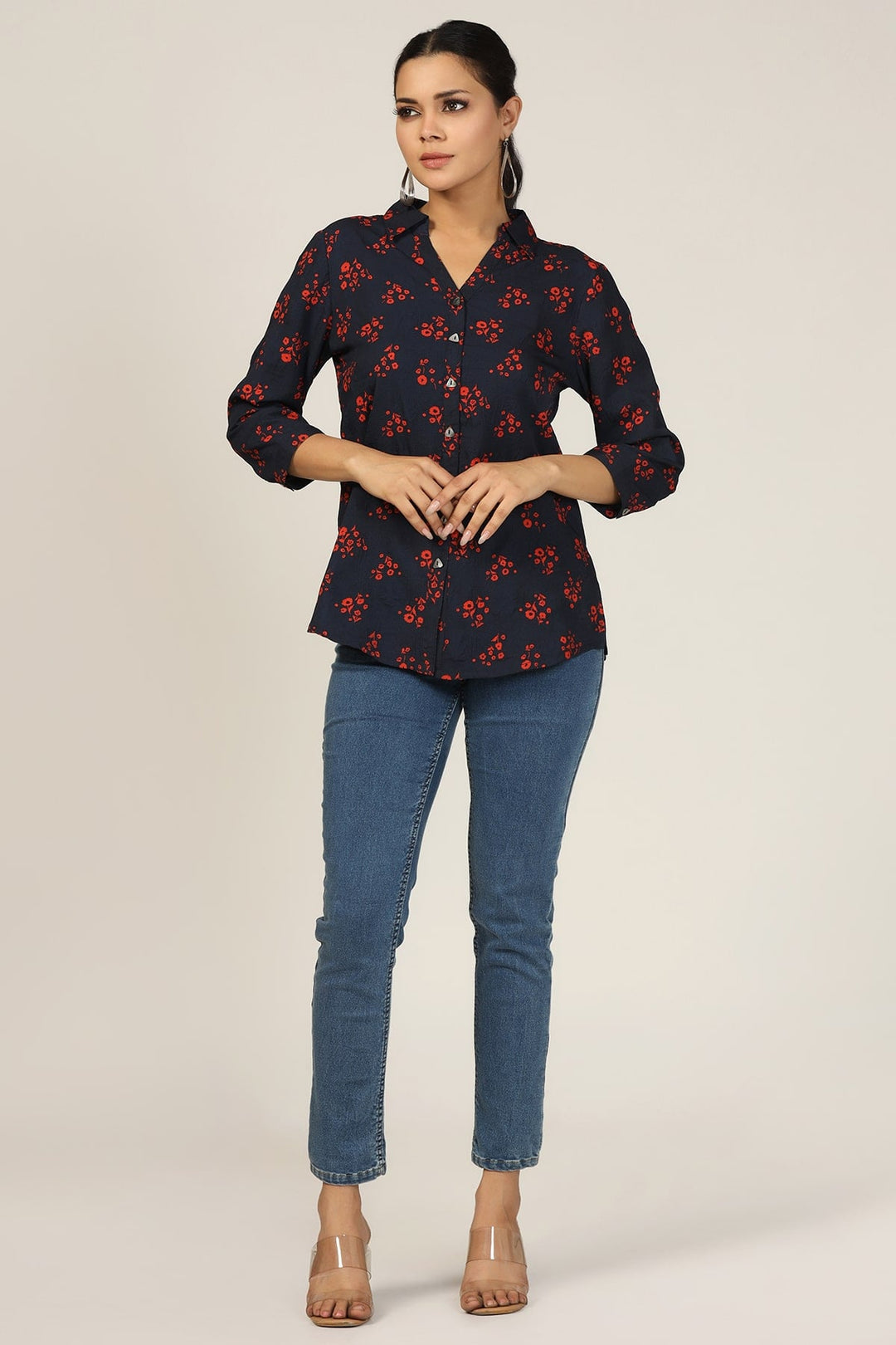 Navy Bubble Crepe Printed Shirt