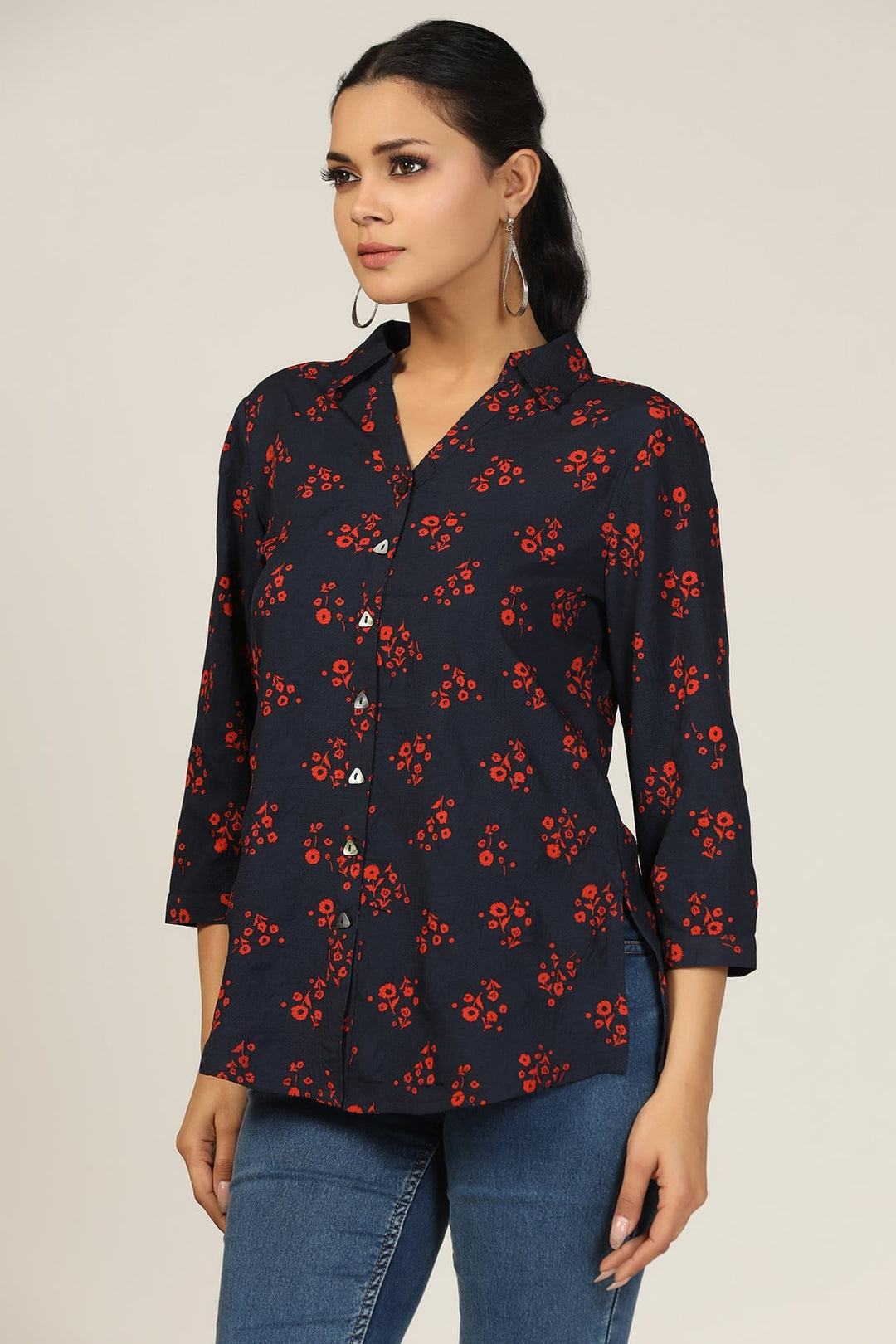 Navy Bubble Crepe Printed Shirt