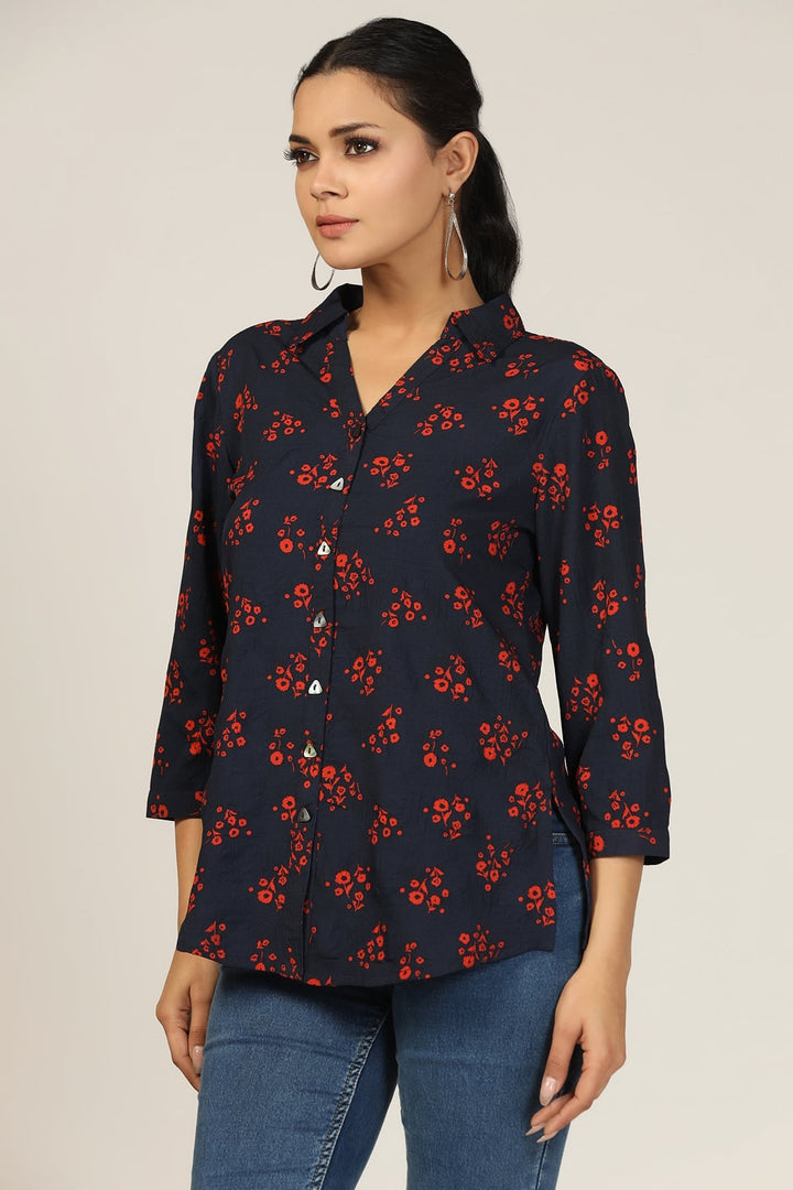 Navy Bubble Crepe Printed Shirt