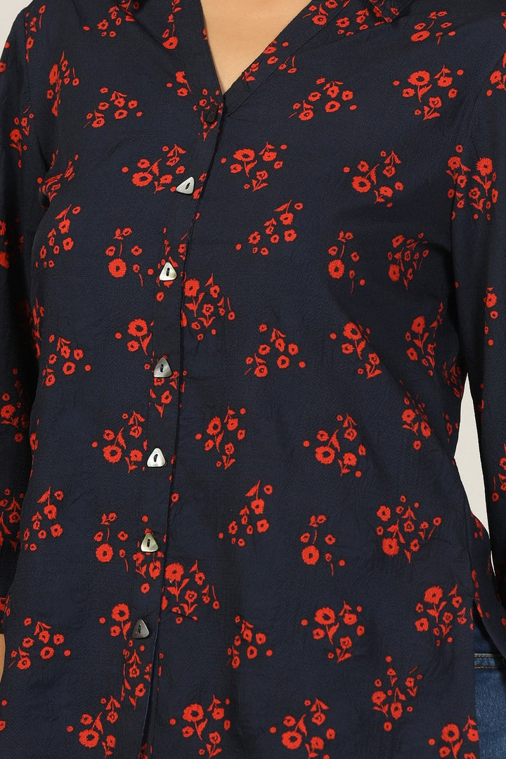 Navy Bubble Crepe Printed Shirt