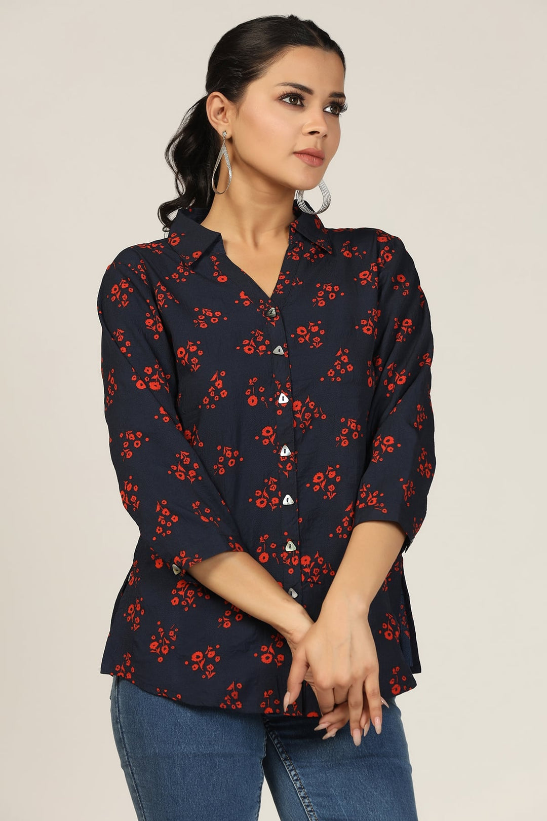 Navy Bubble Crepe Printed Shirt