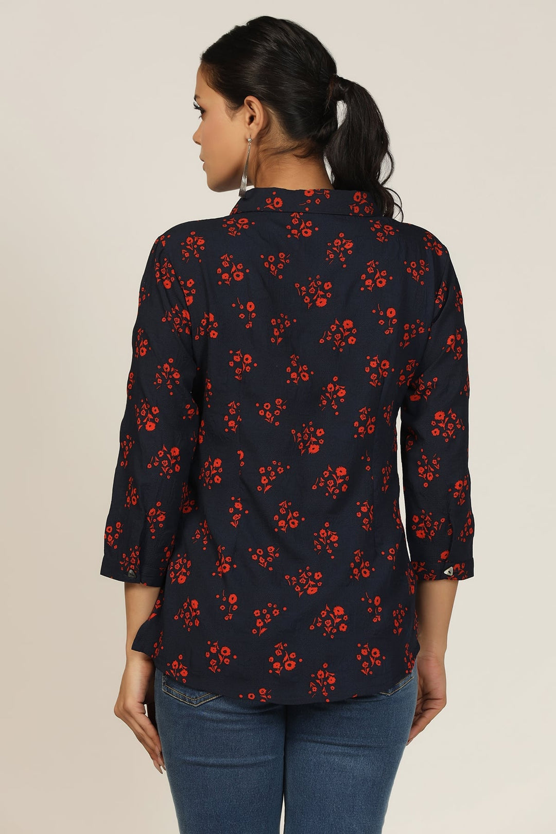 Navy Bubble Crepe Printed Shirt