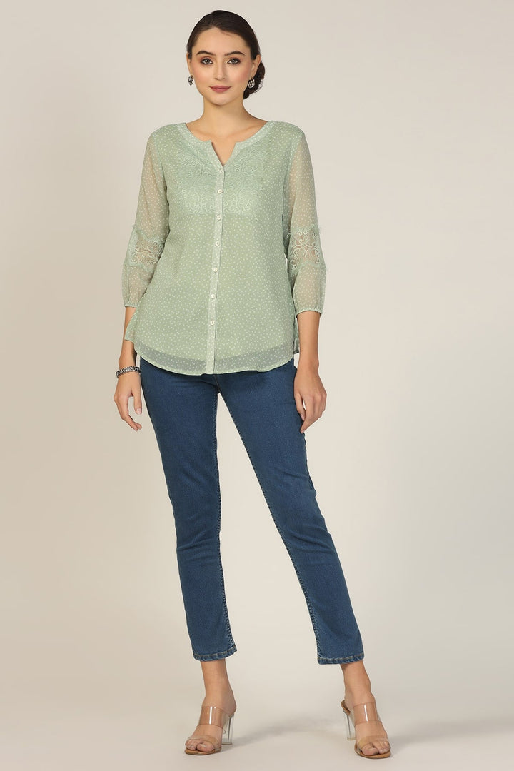 Emerald Breeze Chiffon Green Printed Shirt