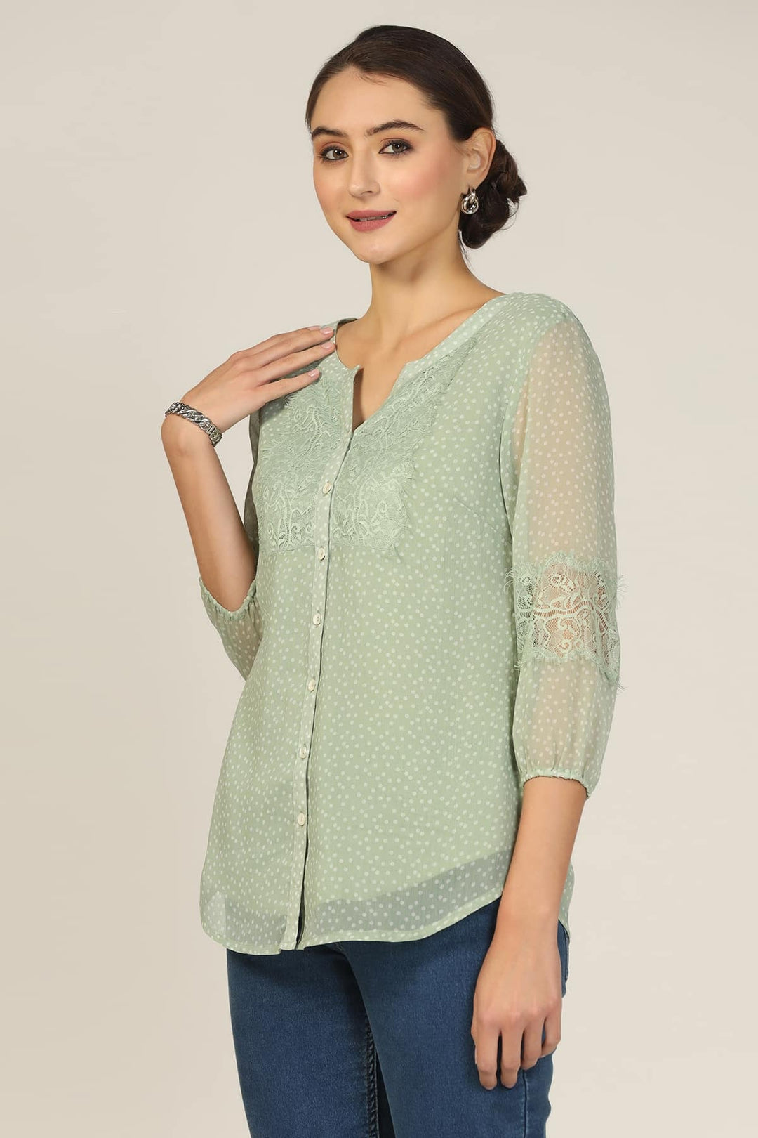 Emerald Breeze Chiffon Green Printed Shirt
