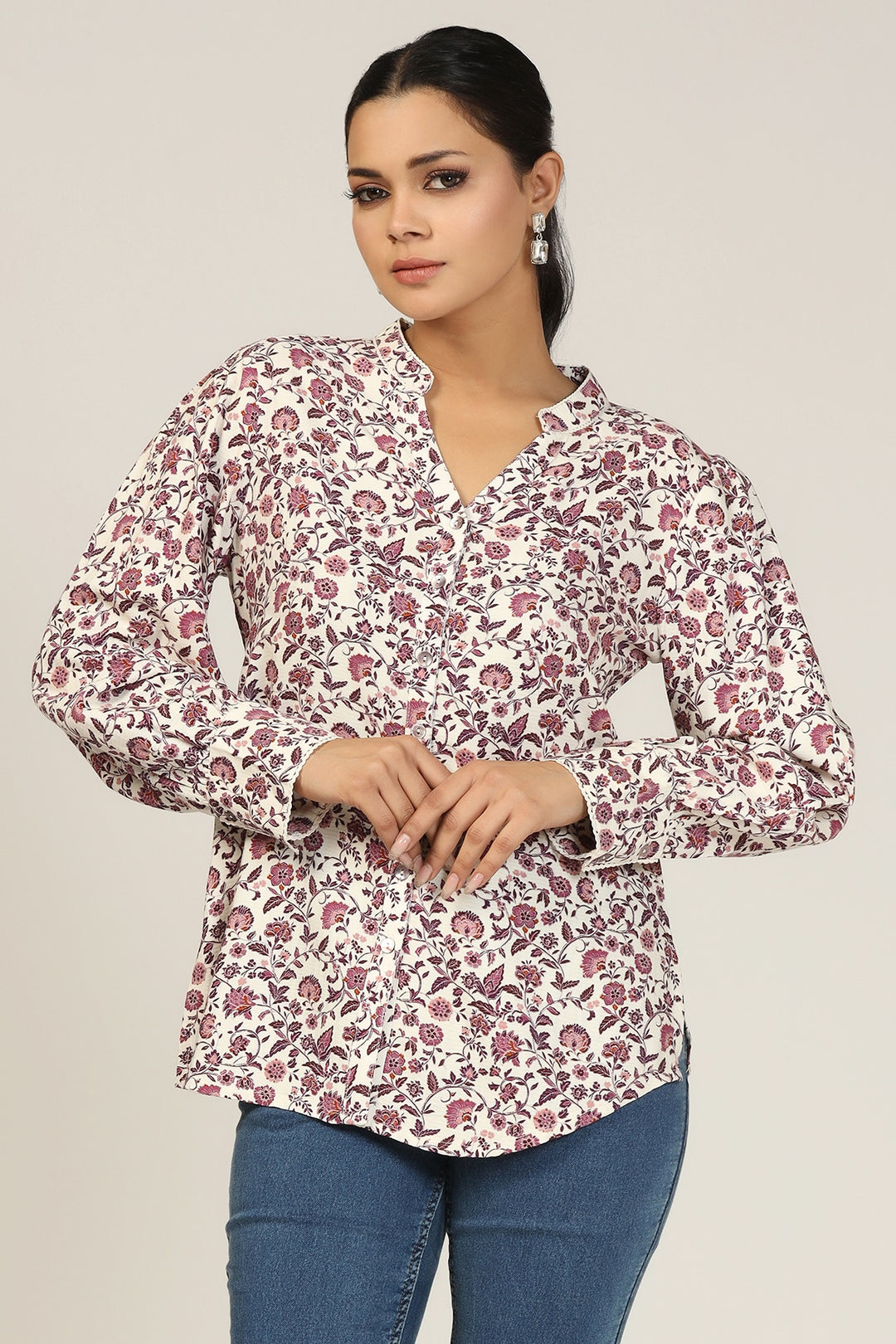 Mauve Rayon Dobby Printed Shirt