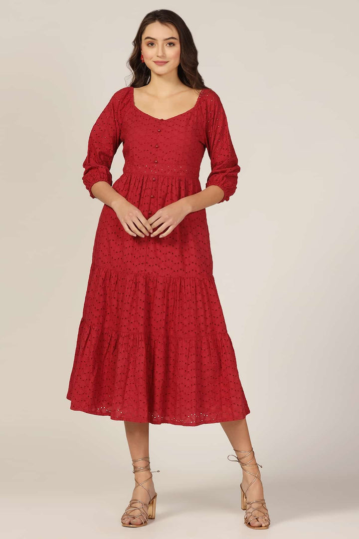 Maroon Schiffli Casual Dress