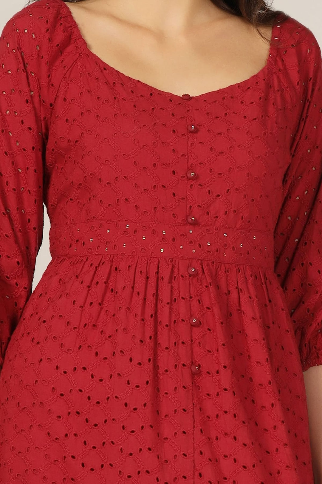 Maroon Schiffli Casual Dress