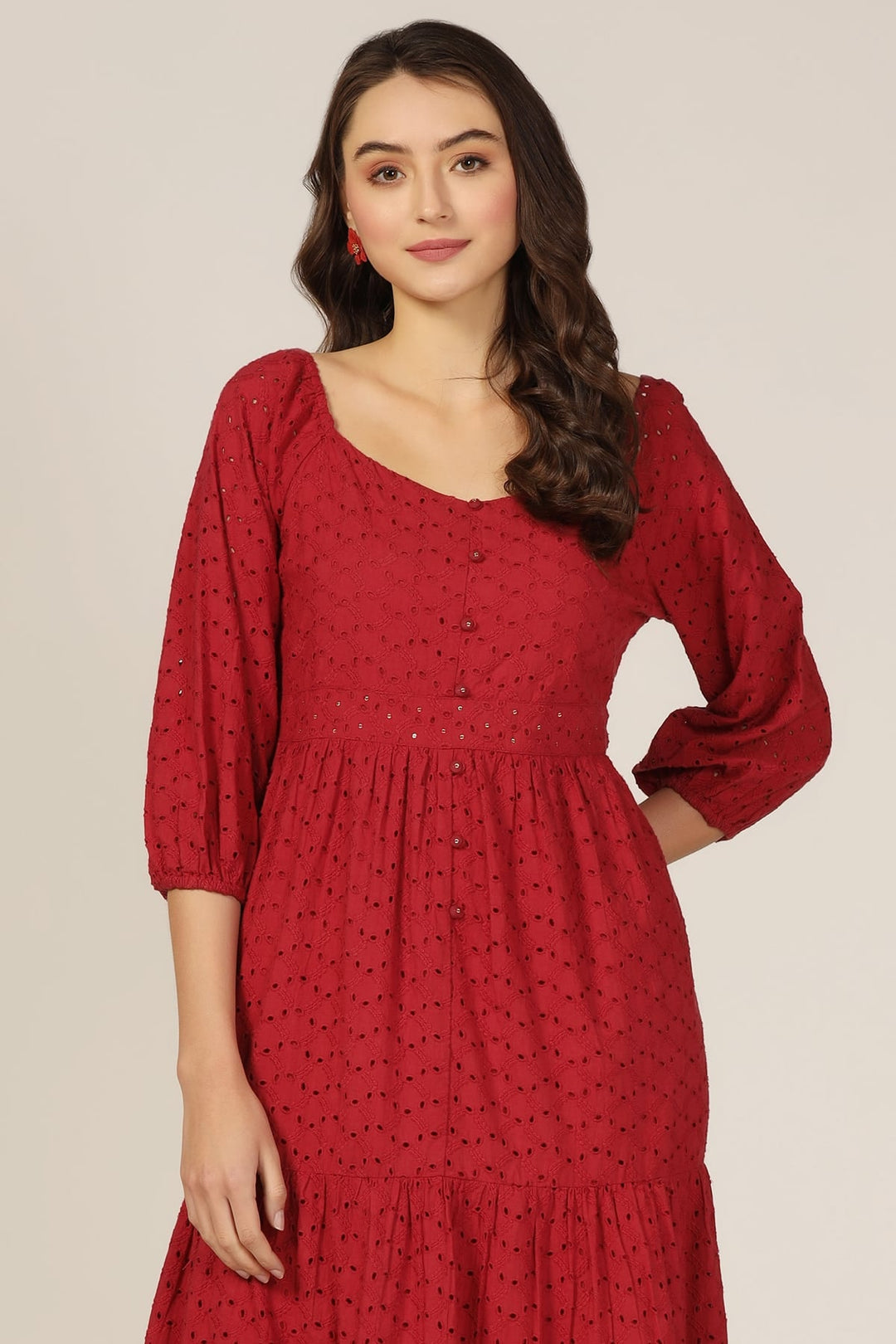 Maroon Schiffli Casual Dress