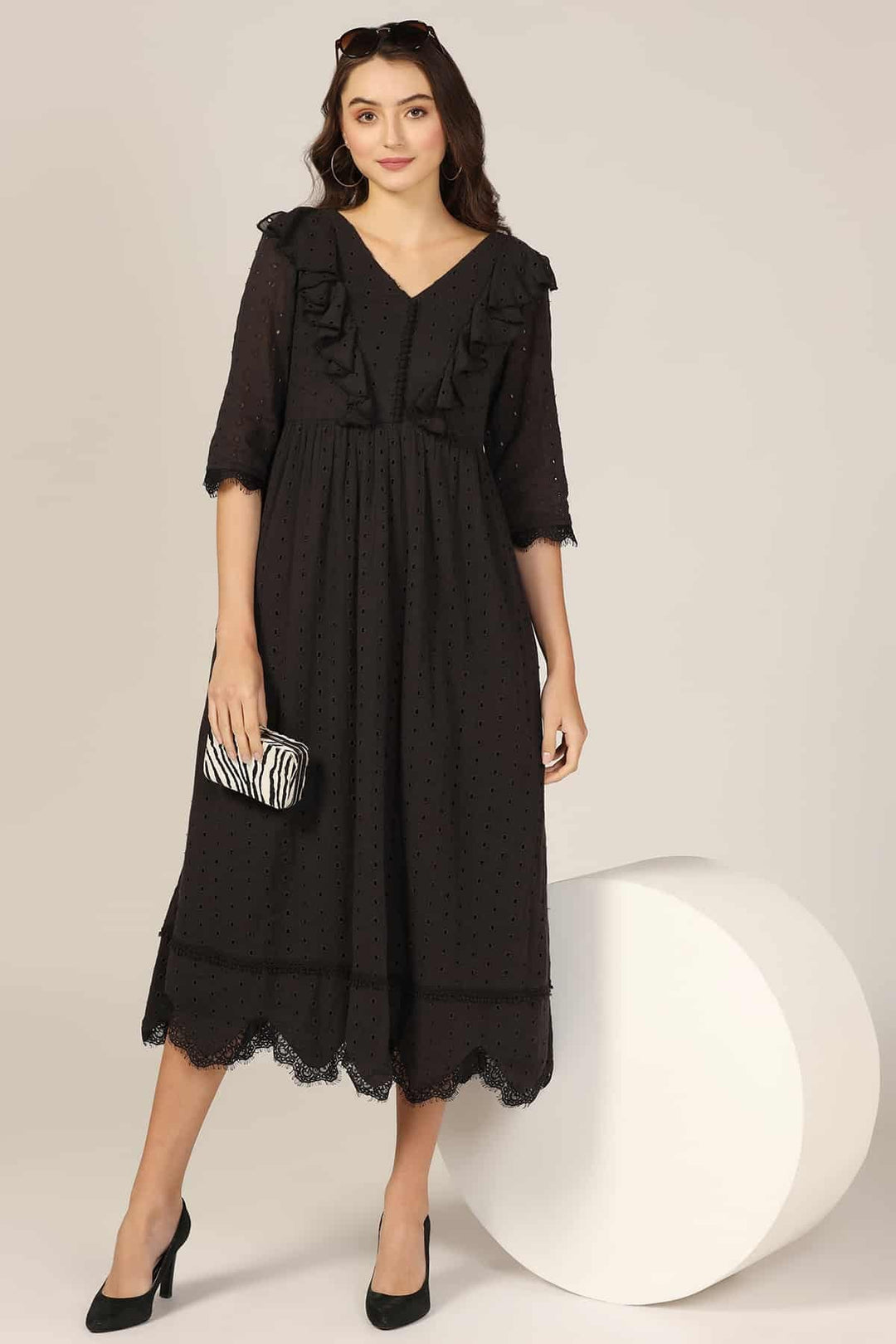 Black V-Neck 3/4th Sleeves Regular Solid Dress