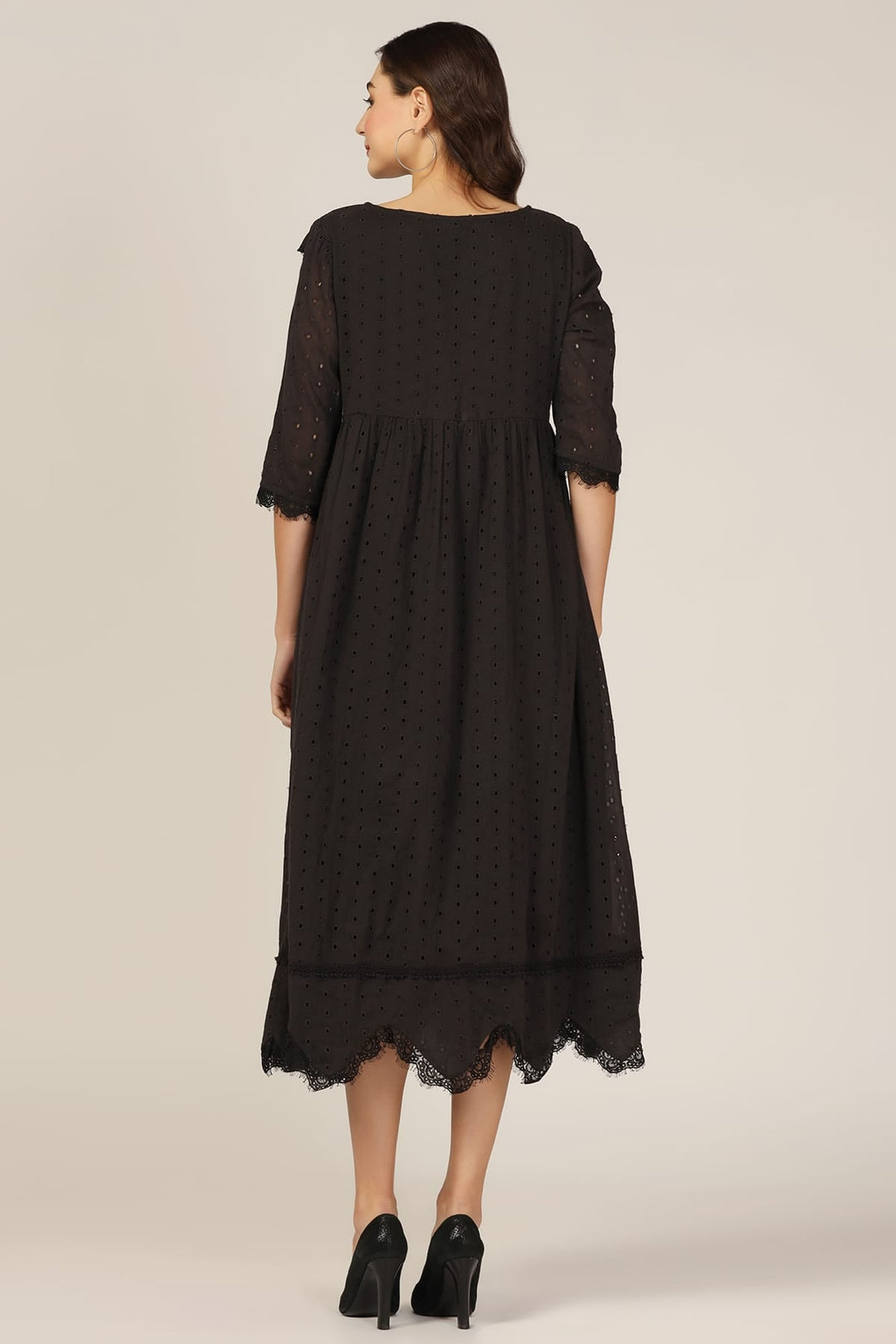Black V-Neck 3/4th Sleeves Regular Solid Dress