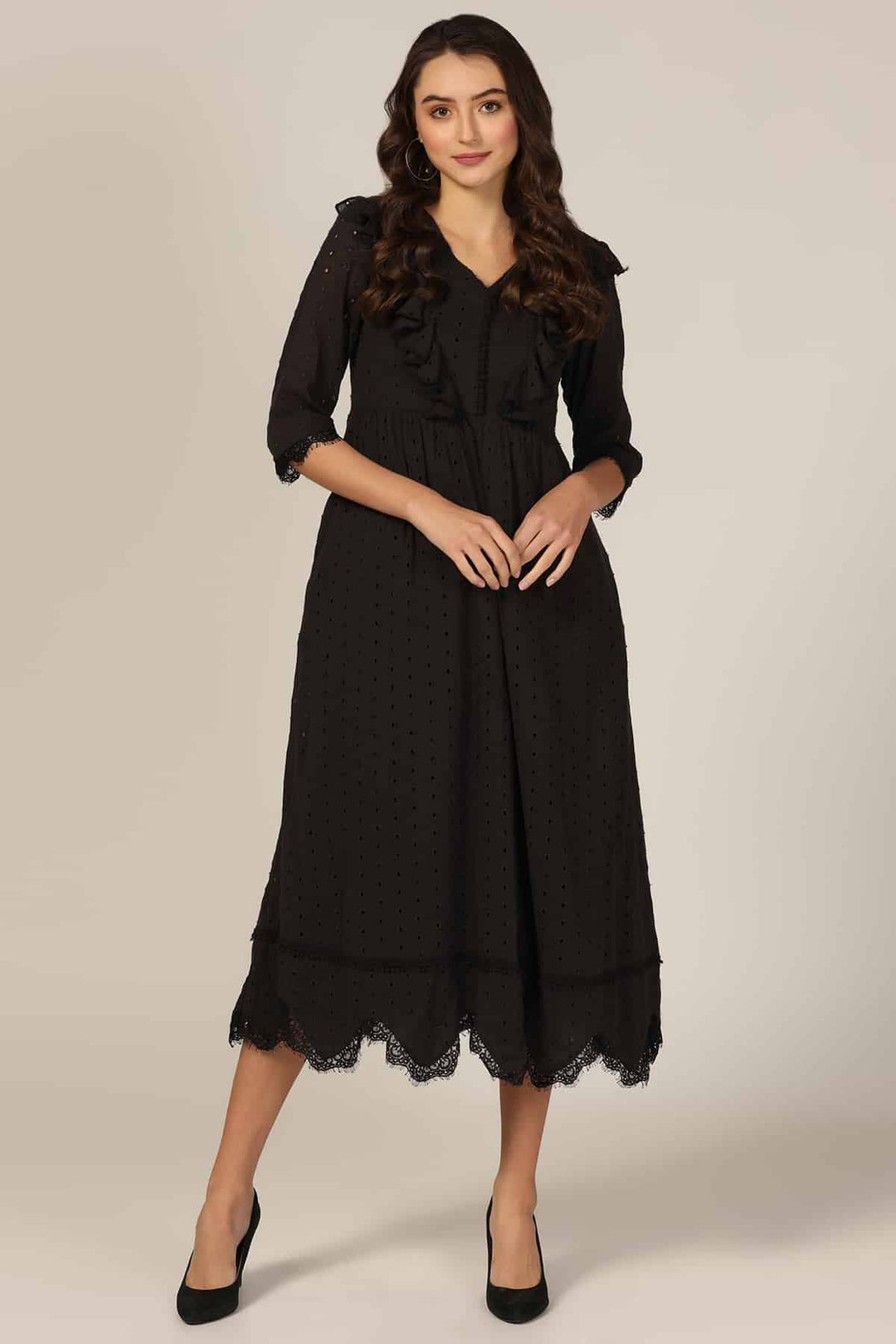 Black V-Neck 3/4th Sleeves Regular Solid Dress