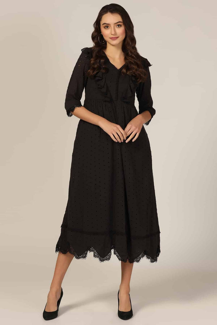 Black V-Neck 3/4th Sleeves Regular Solid Dress