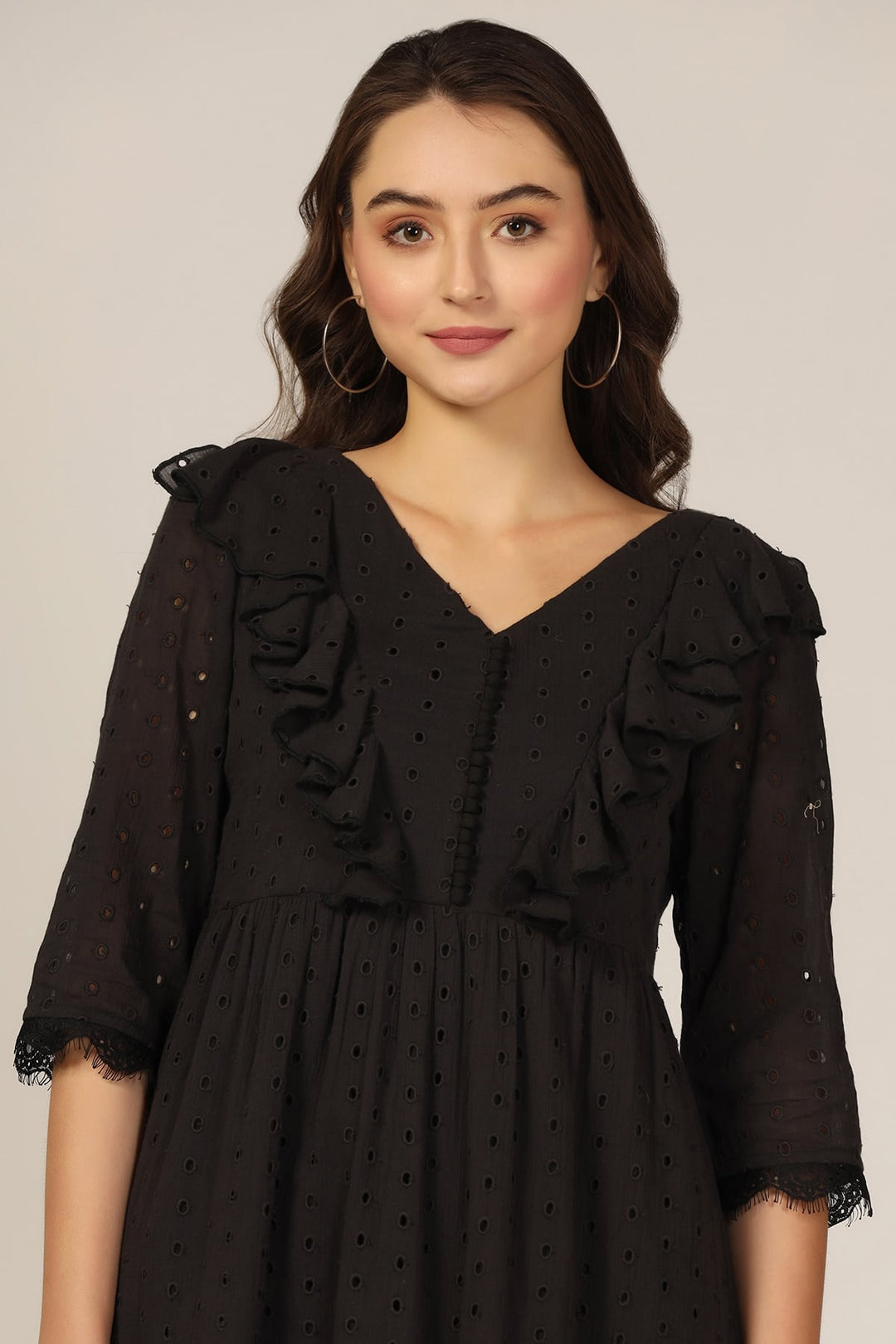 Black V-Neck 3/4th Sleeves Regular Solid Dress