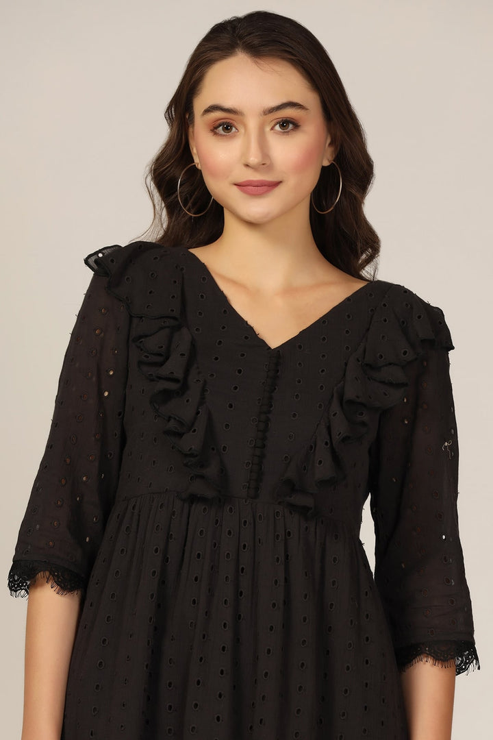 Black V-Neck 3/4th Sleeves Regular Solid Dress