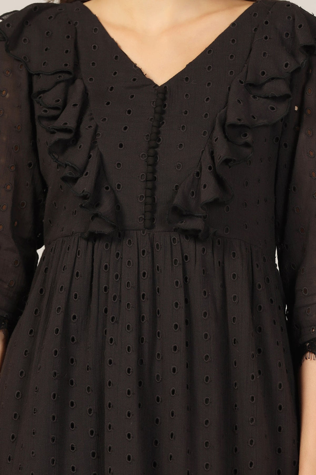 Black V-Neck 3/4th Sleeves Regular Solid Dress