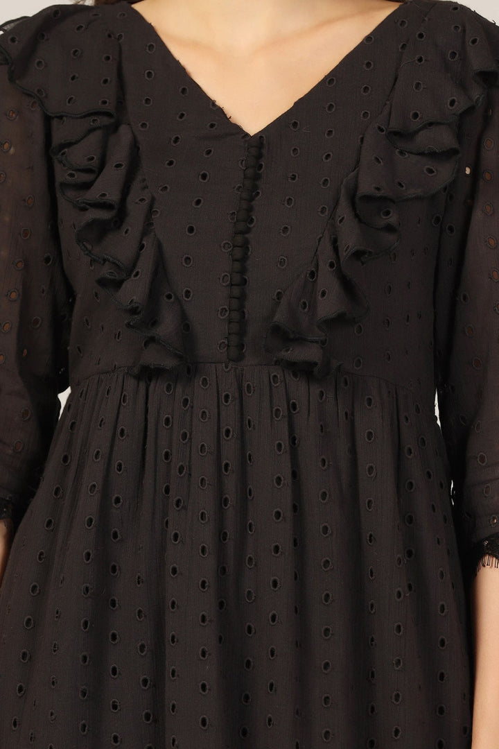 Black V-Neck 3/4th Sleeves Regular Solid Dress